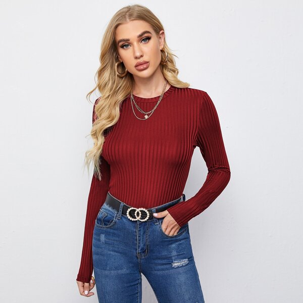 

Rib-knit Solid Form Fitted Tee, Burgundy