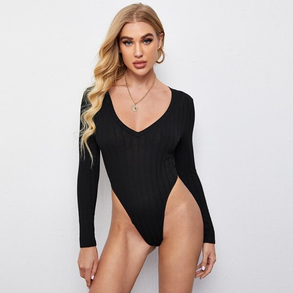 

V-neck Rib-knit Bodysuit, Black