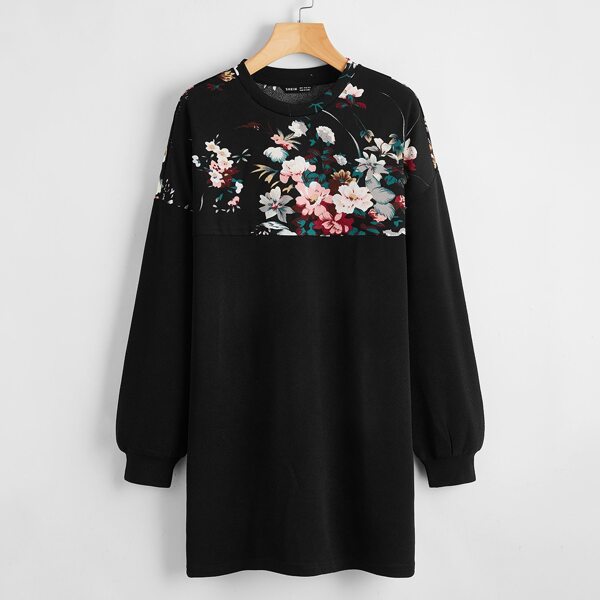 

Drop Shoulder Floral Panel Dress, Black