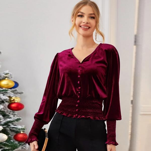 

Solid Velvet Covered Button Peplum Blouse, Burgundy