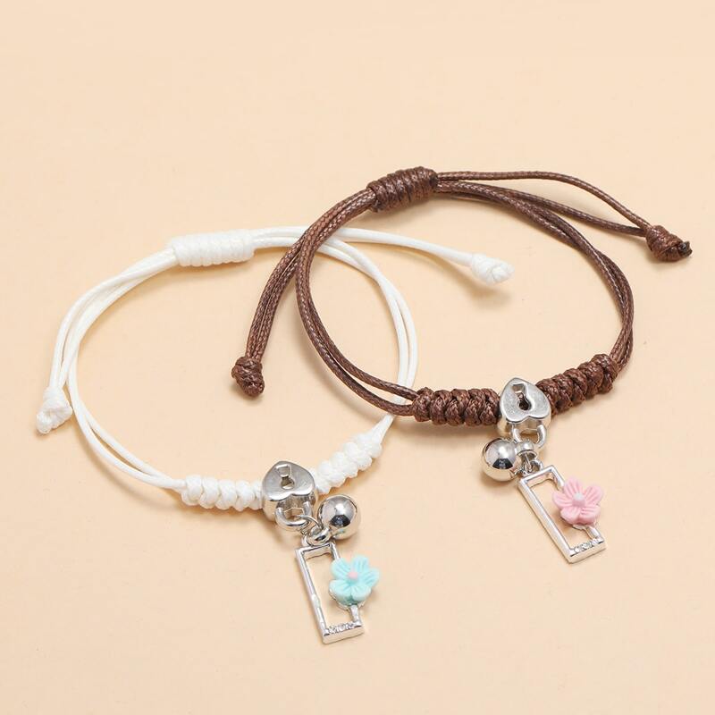 

2pcs Floral & Heart Lock Rope Bracelet, Multicolor