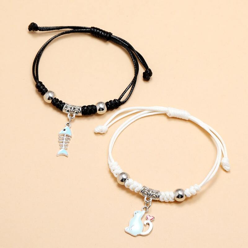 

2pcs Cat & Fish Rope Bracelet, Multicolor