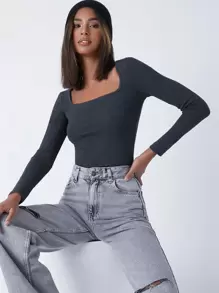 SHEIN BASICS Cotton Square Neck Form Fitted Tee - Dark Grey - View 1
