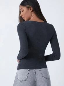 SHEIN BASICS Cotton Square Neck Form Fitted Tee - Dark Grey - View 2