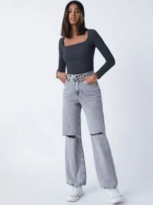 SHEIN BASICS Cotton Square Neck Form Fitted Tee - Dark Grey - View 4