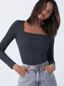 SHEIN BASICS Cotton Square Neck Form Fitted Tee - Dark Grey - View 5
