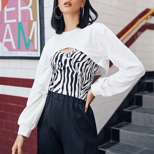 

Drop Shoulder Super Crop Pullover With Zebra Striped Cami Top, White