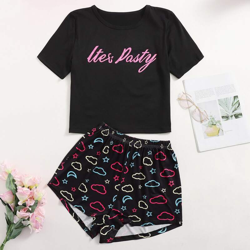 

Letter Graphic Pajama Set, Black