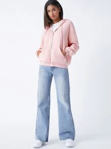 SHEIN BASICS Cozy Fleece Cotton Drop Shoulder Zip Up Hoodie In Fall/Winter - Baby Pink - View 5