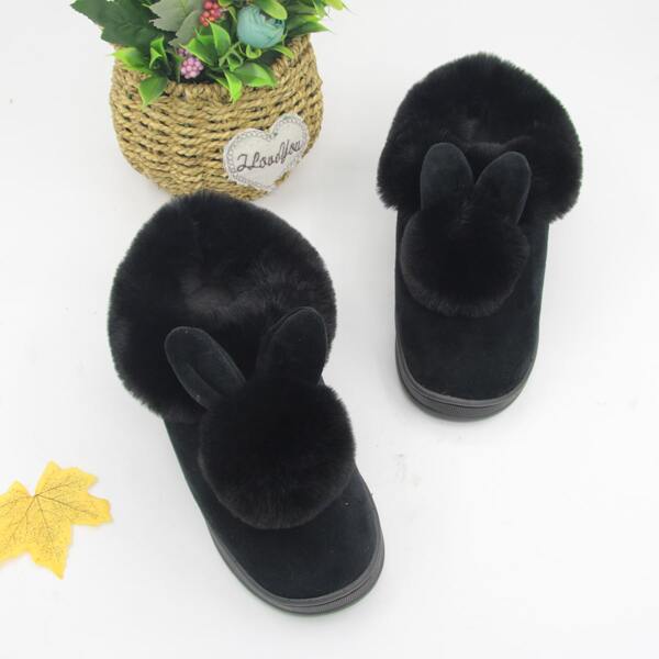 

Rabbit Decor Fluffy Slip On Slippers, Black