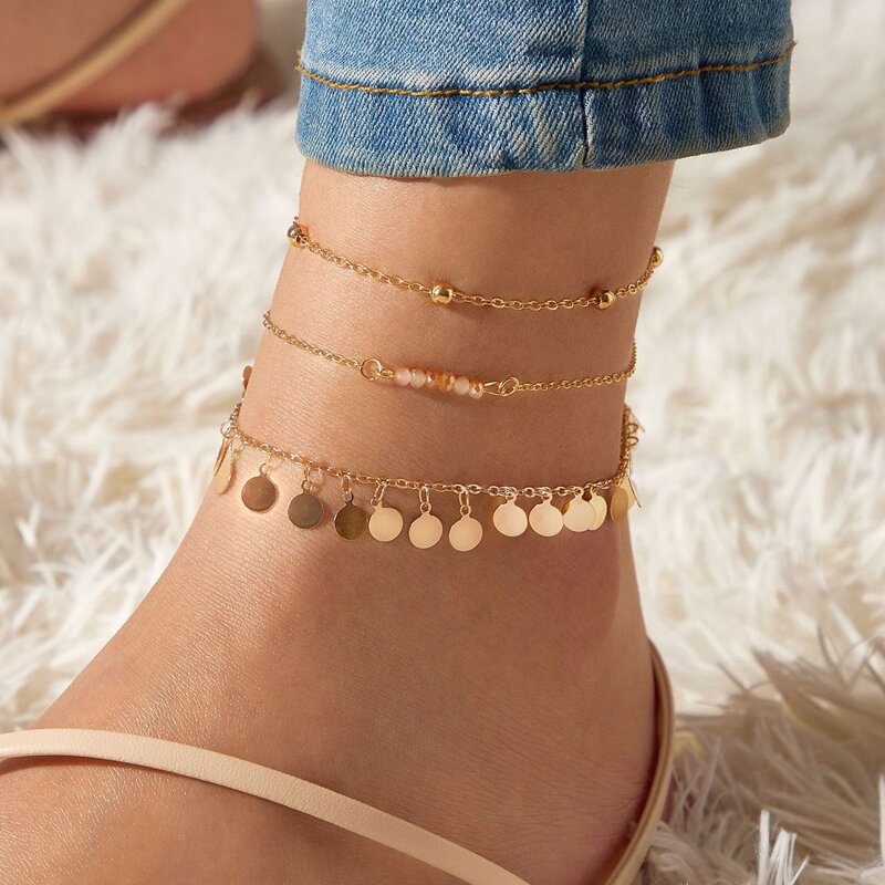 

3pcs Disc Chain Anklet, Gold