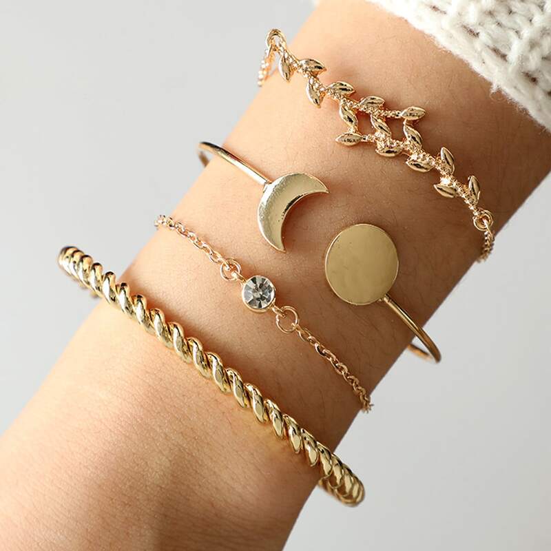 

4pcs Moon & Coin Decor Bracelet, Gold