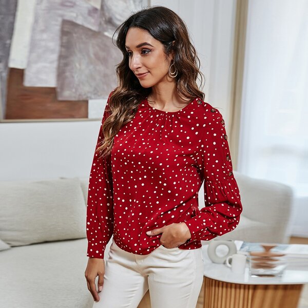 

Button Detail Polka Dot Top, Red