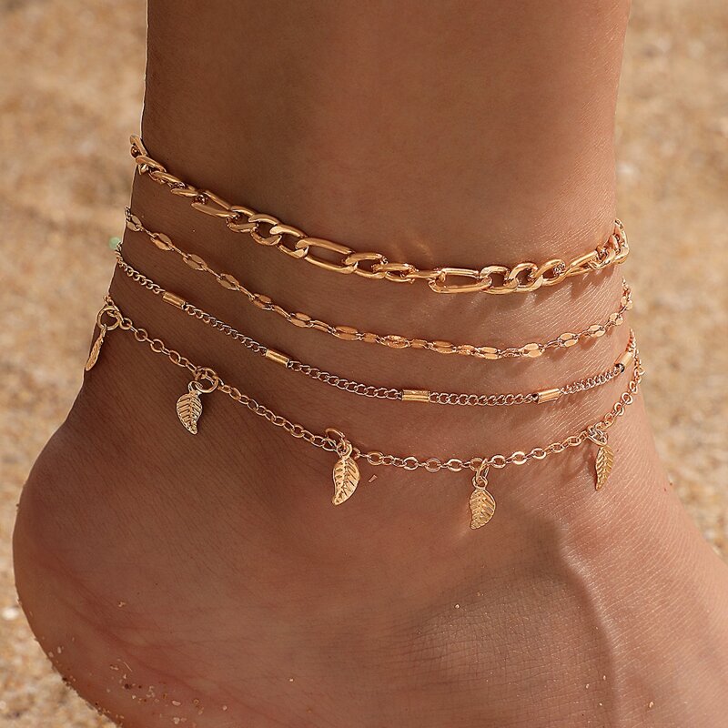 

4pcs Leaf Chain Anklet, Gold