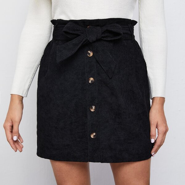 

Self Belted Buttoned Front Cord Skirt, Black
