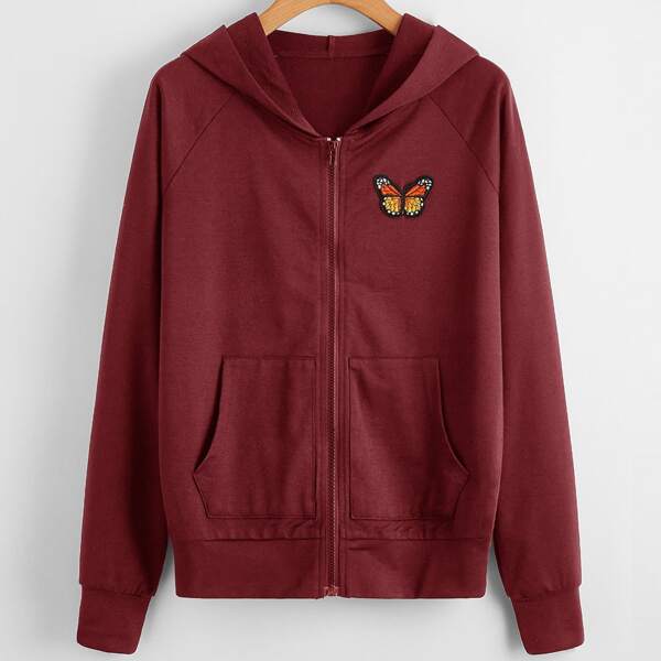 

Butterfly Patched Zip Up Hooded Sweatshirt, Burgundy