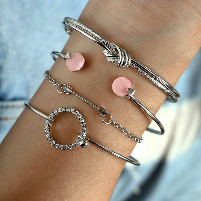 

4pcs Rhinestone Ring Bracelet, Silver