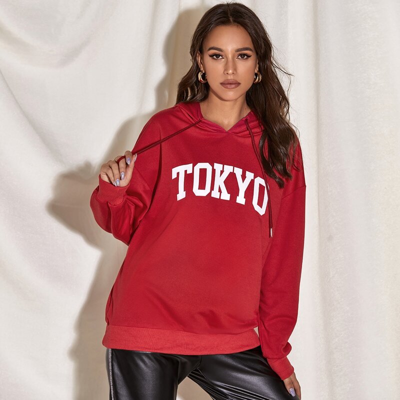 

Drop Shoulder Letter Graphic Drawstring Hoodie, Red