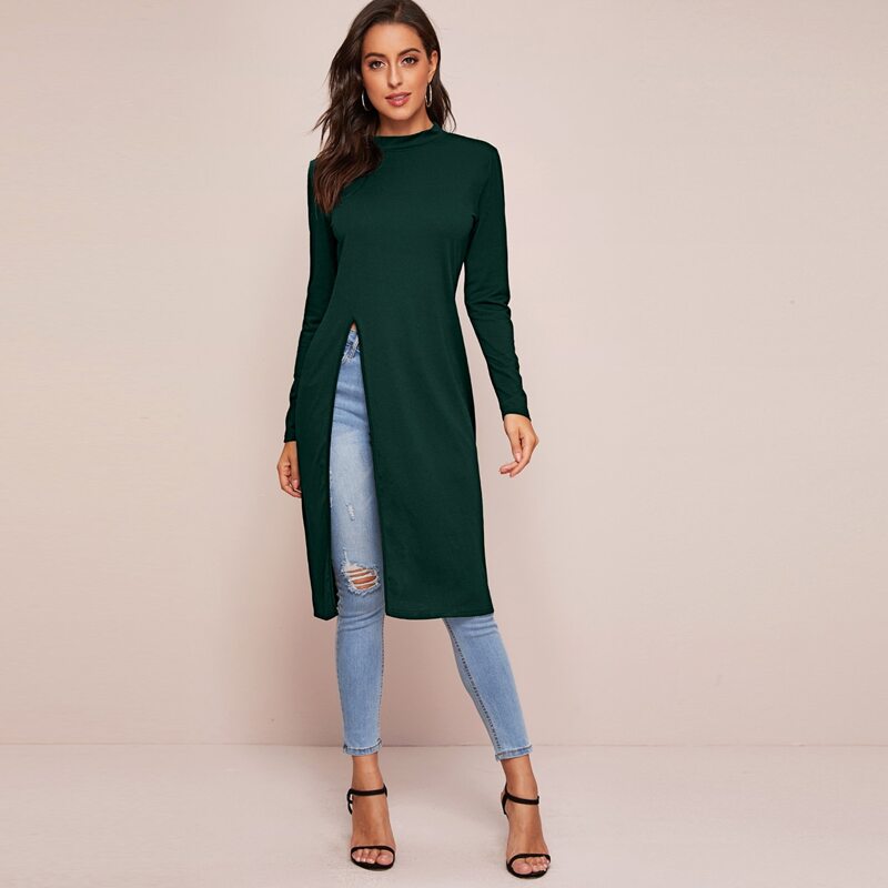 

Solid Side Split Longline Tee, Dark green