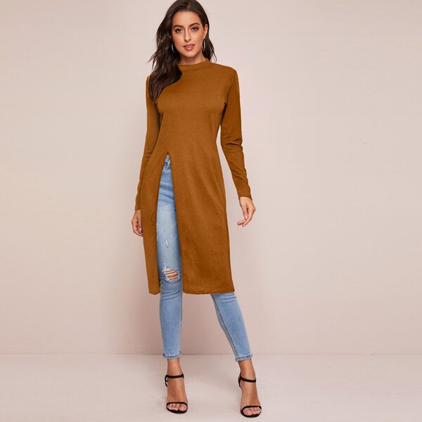 

Solid Side Split Longline Tee, Brown