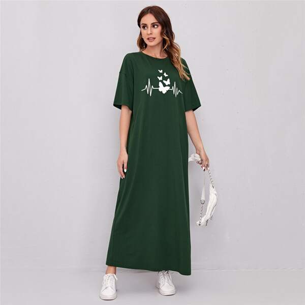 

Drop Shoulder Butterfly Print Dress, Dark green