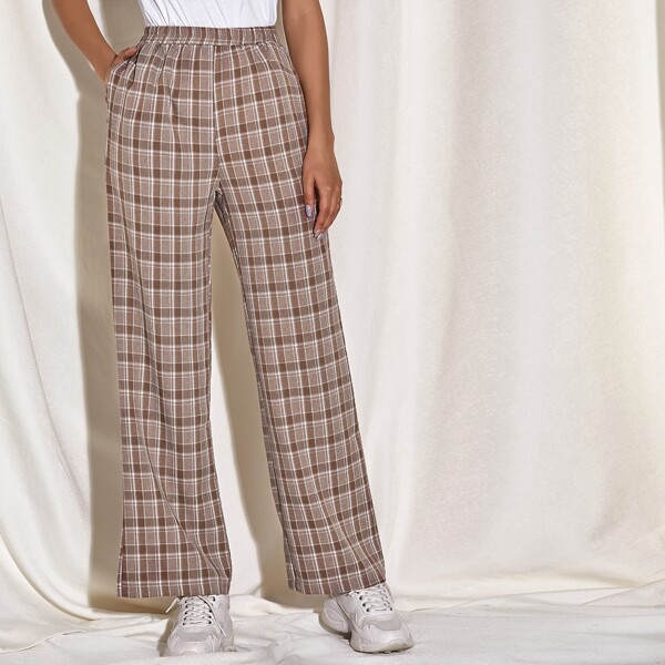 

Elastic Waist Plaid Wide Leg Pants, Multicolor