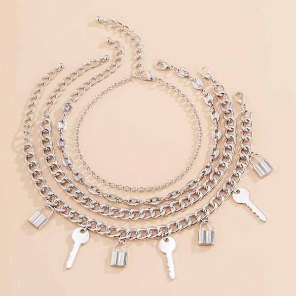 

4pcs Lock & Key Charm Anklet, Silver