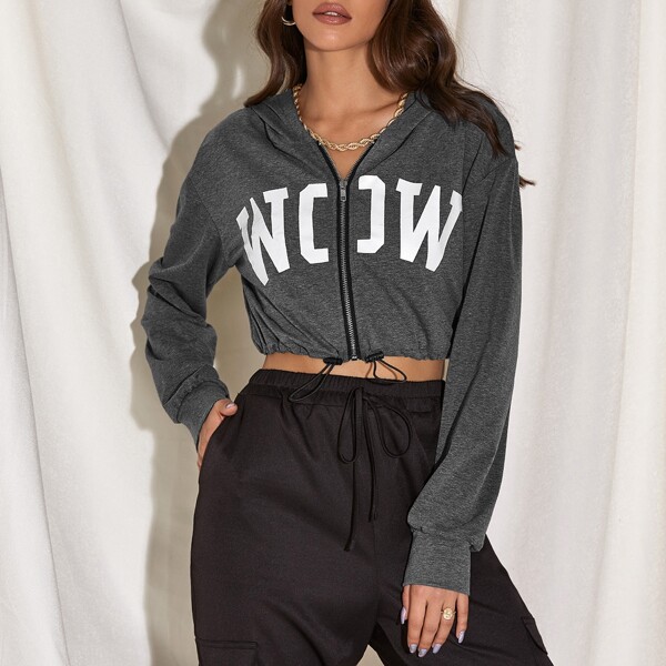 

Zip Up Drawstring Hem Letter Graphic Crop Hoodie, Dark grey