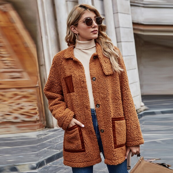 

Dual Pocket Button Front Teddy Coat, Brown