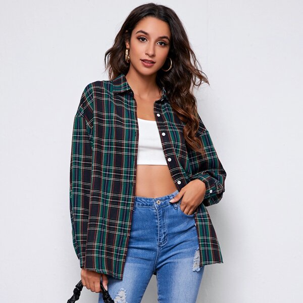 

Plaid Drop Shoulder Blouse, Multicolor
