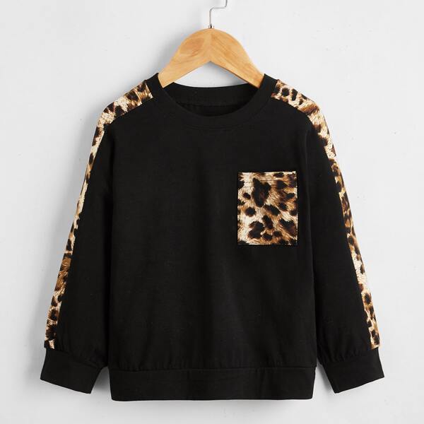 

Toddler Girls Leopard Pocket Patched Sweatshirt, Black