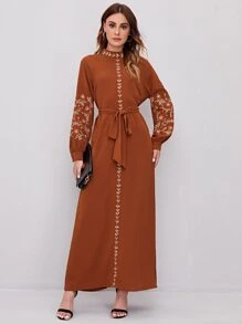 Mulvari Kaftan & Jalabiya Thắt lưng Nút Thêu Hoa Khiêm tốn - Rỉ Nâu - Xem 1