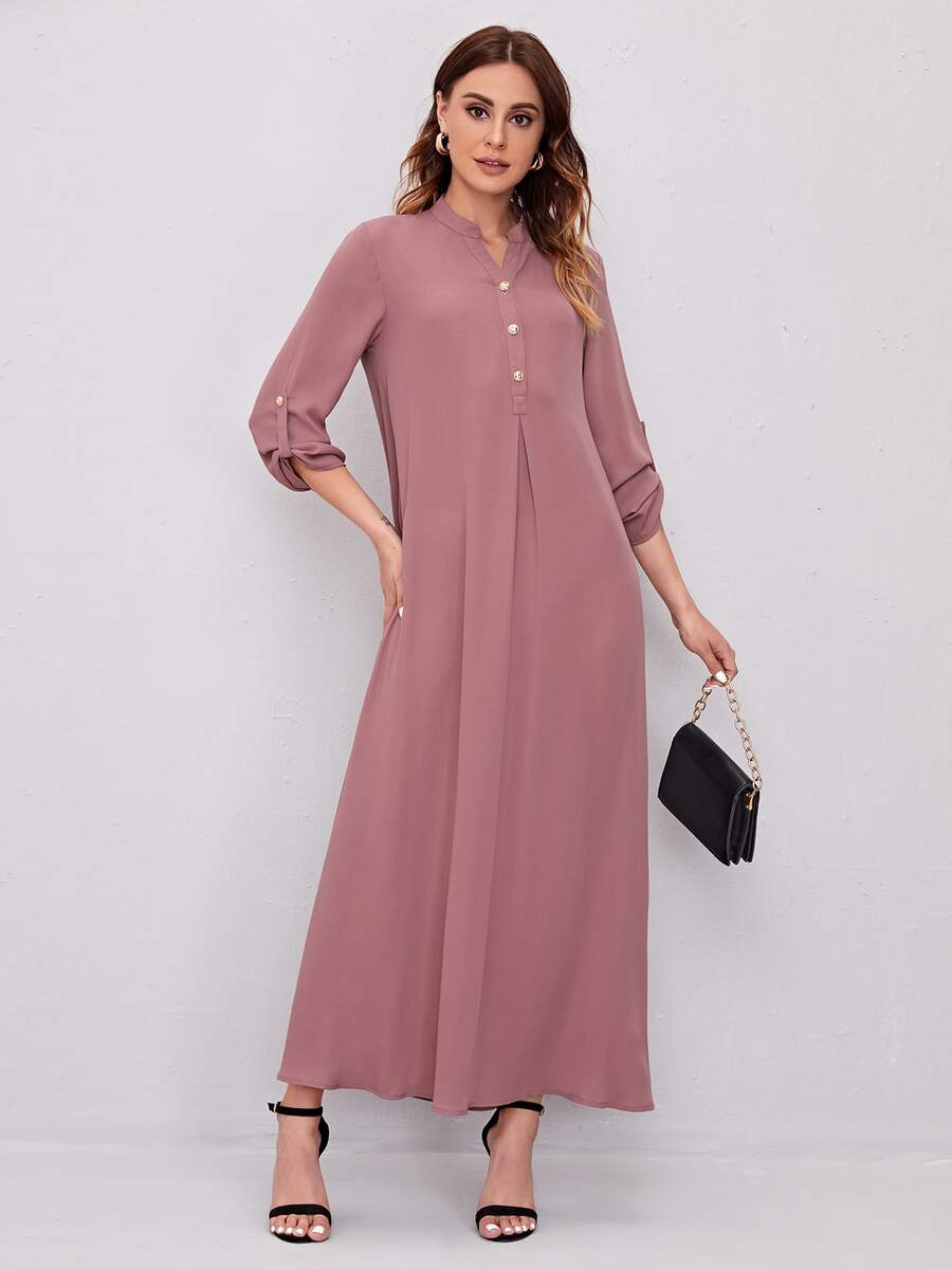 SHEIN 卷边袖前扣连衣裙 - 藕粉色 - 查看 1