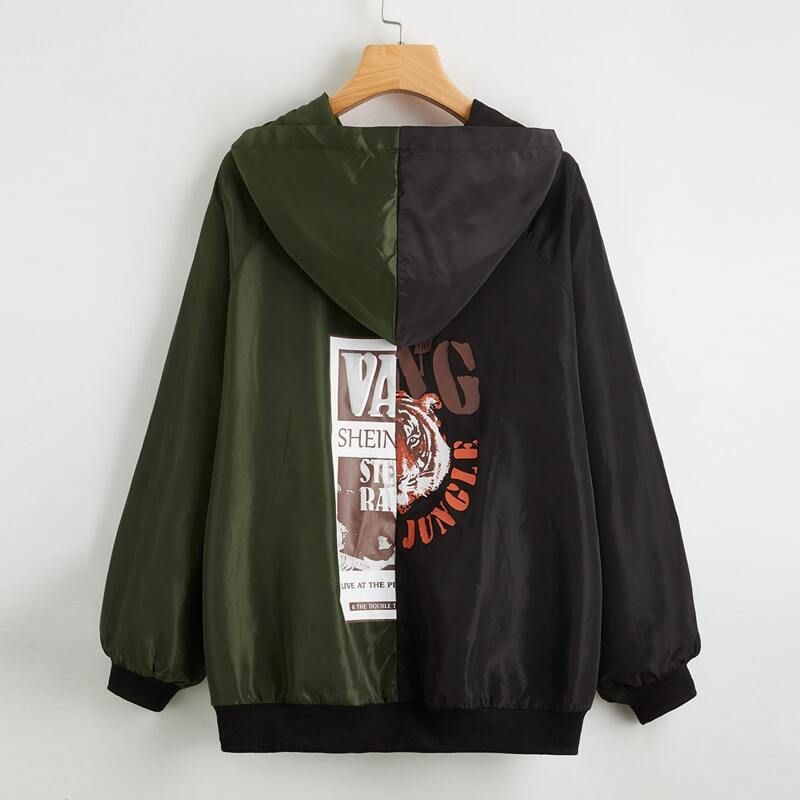 

Zip Up Letter and Tiger Print Two Tone Wind Hooded Jacket, Multicolor