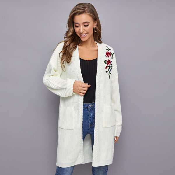 

Floral Embroidery Pocket Front Cardigan, Beige