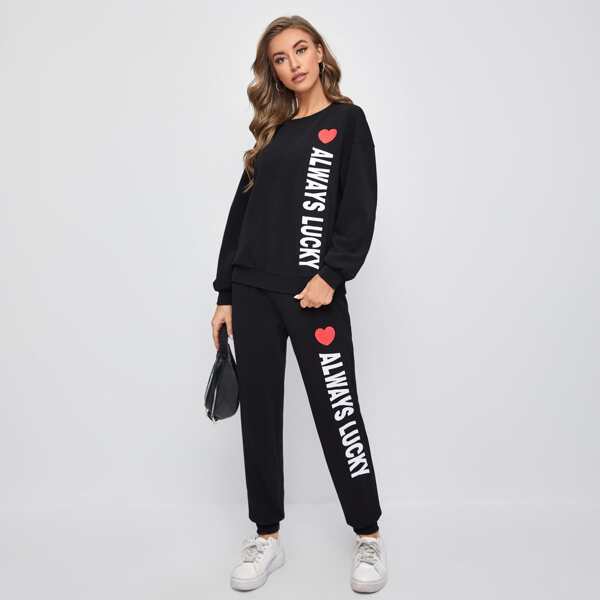 

Letter and Heart Print Pullover & Sweatpants Set, Black