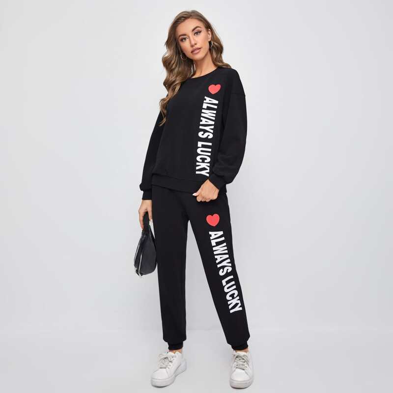 

Letter and Heart Print Pullover & Sweatpants Set, Black