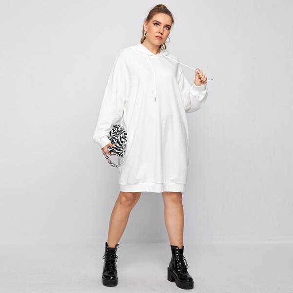 

Plus Drop Shoulder Drawstring Hooded Sweatshirt Dress, White