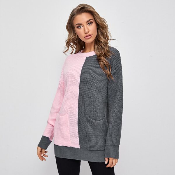 

Drop Shoulder Patch Pocket Two Tone Sweater, Multicolor