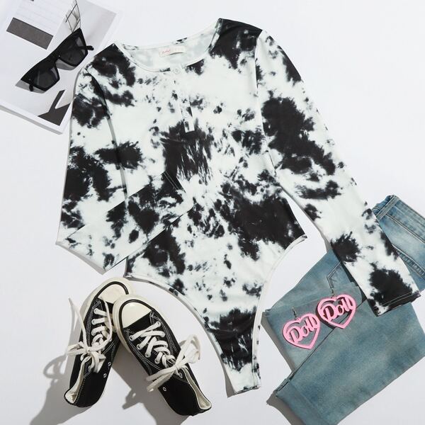 

Plus Tie Dye Print Half Button Bodysuit, Black and white