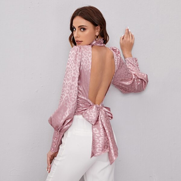 

High Neck Split Front Tie Backless Leopard Jacquard Satin Top, Baby pink