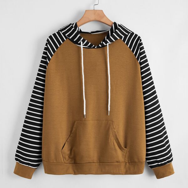 

Plus Striped Colorblock Drawstring Hoodie, Brown