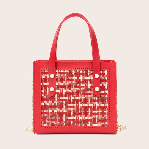 

Contrast PU Tweed Satchel Bag, Red