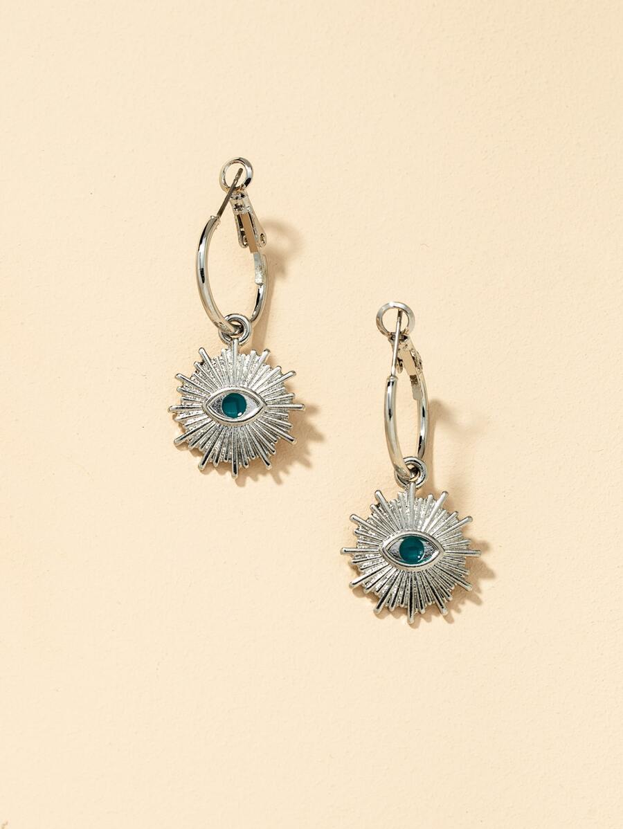 Eye Design Textured Metal Drop Earrings - Silver - View 1