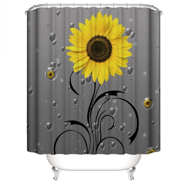 

Sunflower Print Shower Curtain With 12hooks, Grey
