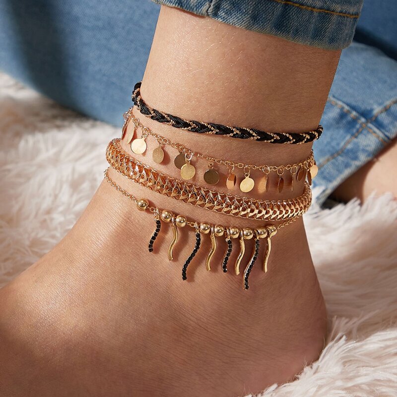 

4pcs Rhinestone & Disc Tassel Anklet, Gold