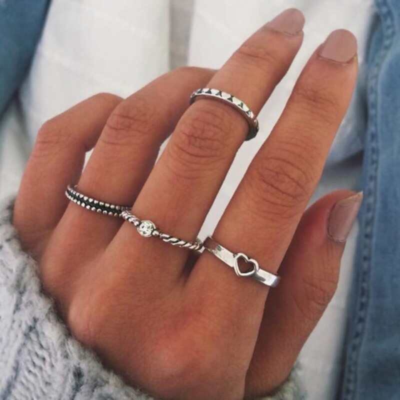 

4pcs Heart Ring Set, Silver
