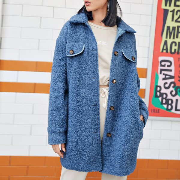 

Collared Flap Detail Teddy Coat, Blue