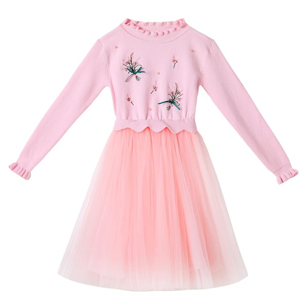 

Girls Plants Embroidery Pearls Mesh Panel Knit Dress, Baby pink