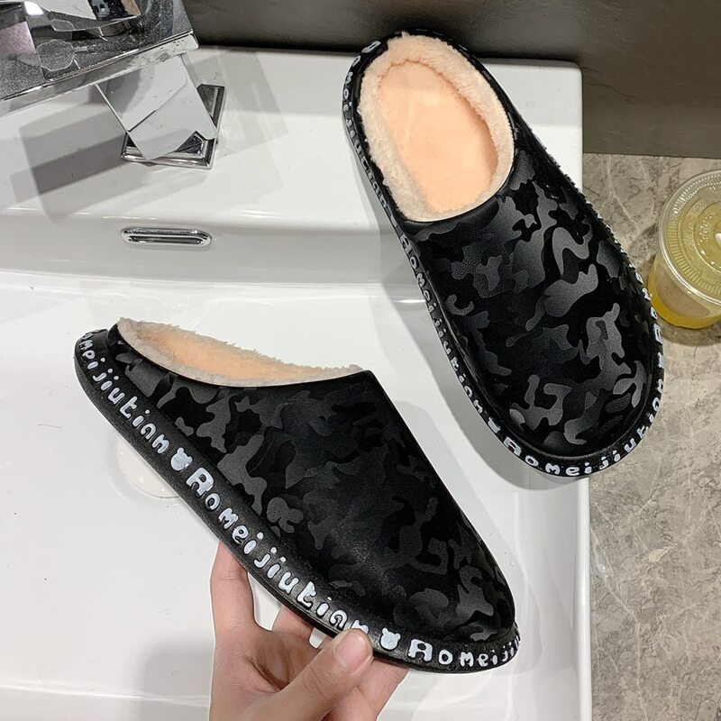 

Letter Tape Fluffy Slippers, Black